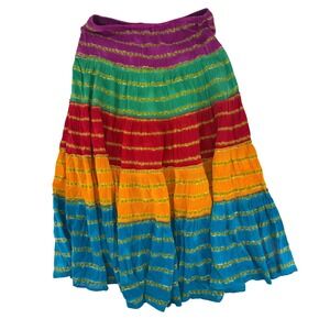 Lauren Ralph Lauren Y2K Petite Boho Tiered Cotton Maxi Skirt Rainbow Striped PXS